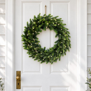 Close-up of Forest Glow Christmas wreath showing green pine foliage and warm lights on a white door